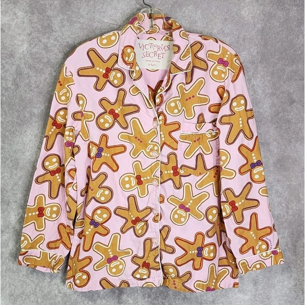 Vintage Victorias Secret Gingerbread Man‎ Pink Flannel PJ  Pajamas Set X-Small